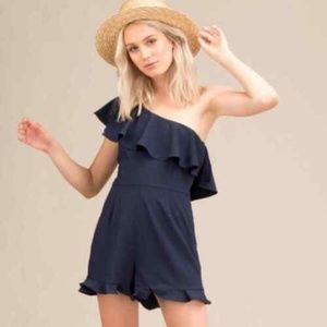 One-shoulder Ruffle Navy Romper